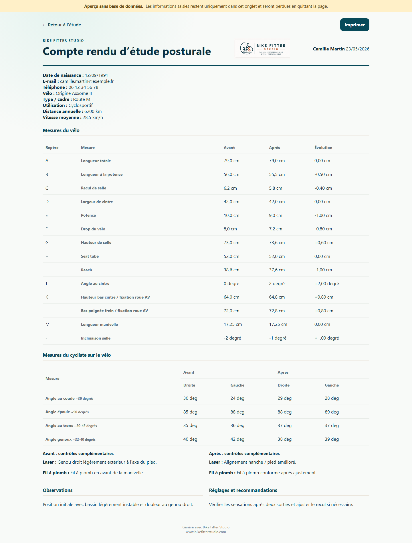 Compte rendu PDF dans Bike Fitter Studio